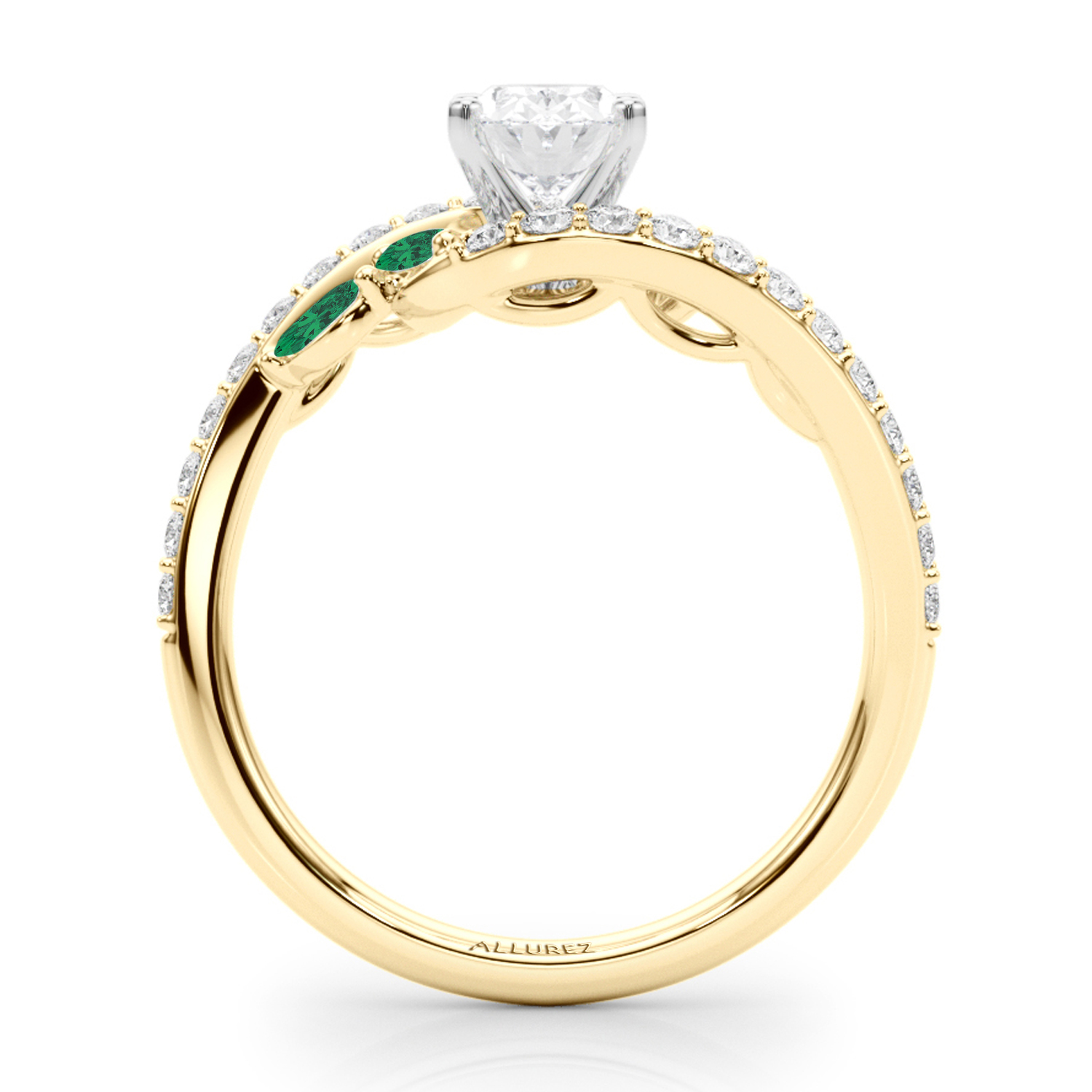 Swirl Design Lab Grown Diamond & Marquise Lab Emerald Engagement Ring 14K Yellow Gold (0.63ct)